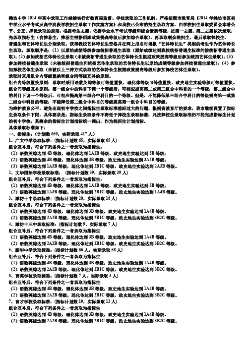 潍坊中学2014年中考录取招生标准