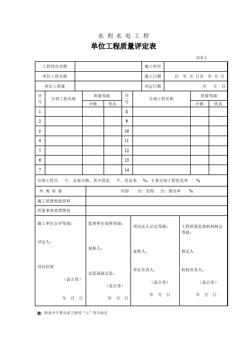 水利水电工程单位工程质量评定表