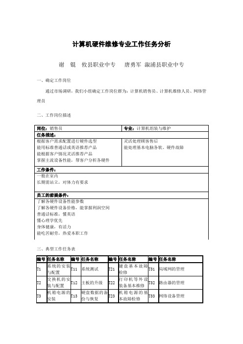 计算机硬件维修专业工作任务分析第一小组谢锟唐勇军