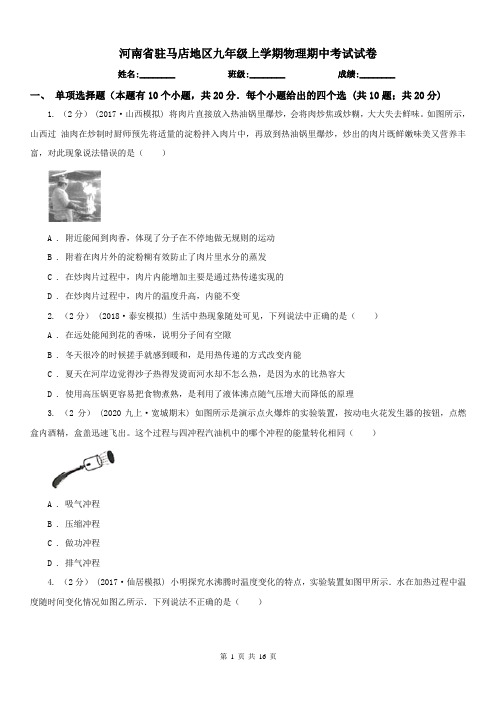 河南省驻马店地区九年级上学期物理期中考试试卷