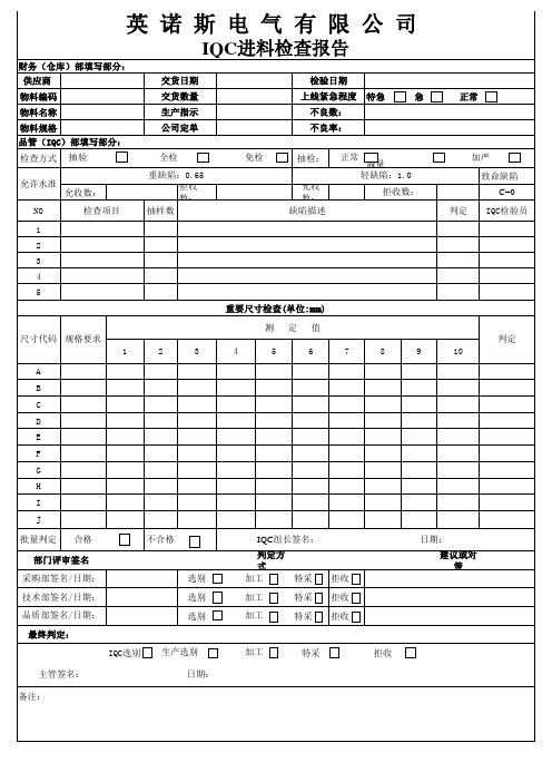 IQC进料检查表格