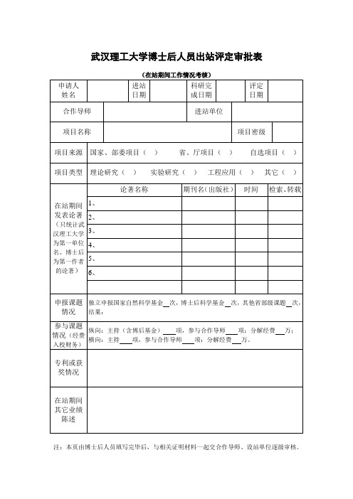 武汉理工大学博士后人员出站评定审批表