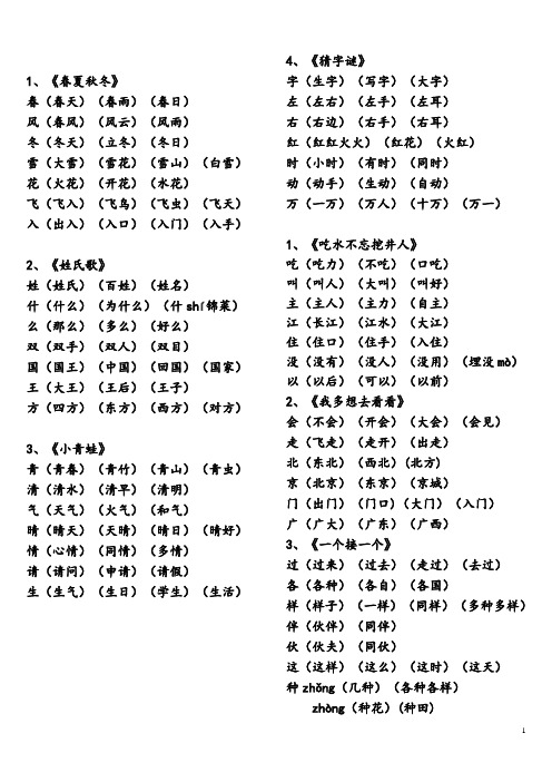 部编版一年级下册会写字扩词表