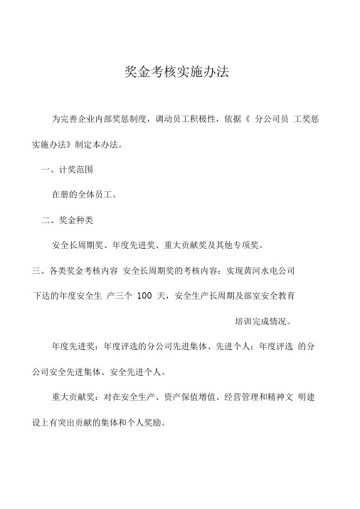 发电分公司奖金考核实施办法范例