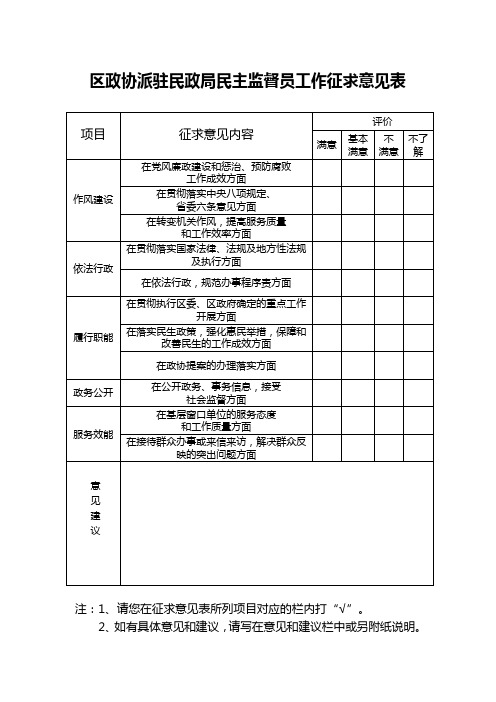 区政协派驻民政局民主监督员工作征求意见表