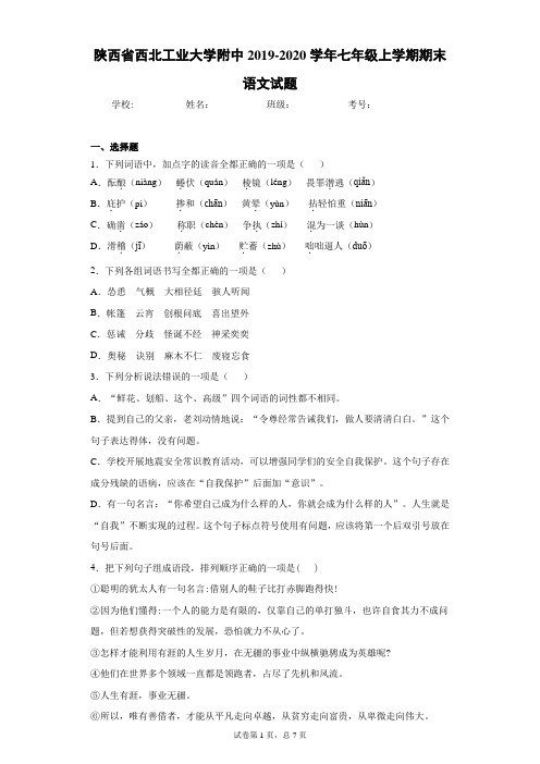 陕西省西北工业大学附中2019-2020学年七年级上学期期末语文试题
