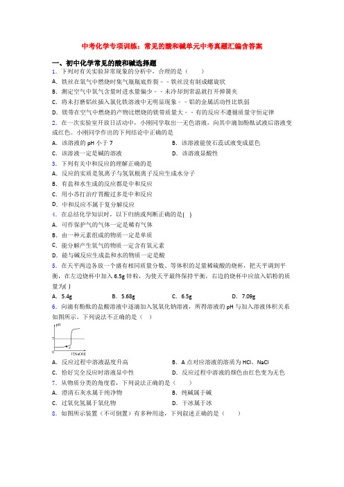 中考化学专项训练：常见的酸和碱单元中考真题汇编含答案