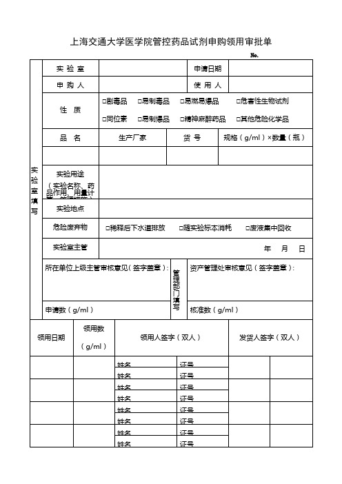 上海交通大学医学院管控药品试剂申购领用审批单