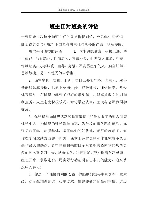 班主任对班委的评语