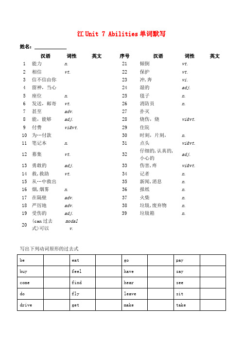 江苏省滨海县陆集中学七年级英语下册 unit 7 abilities单词默写(无答案)(新版)牛津版