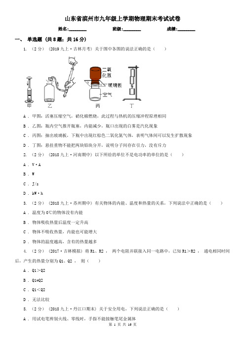 山东省滨州市九年级上学期物理期末考试试卷