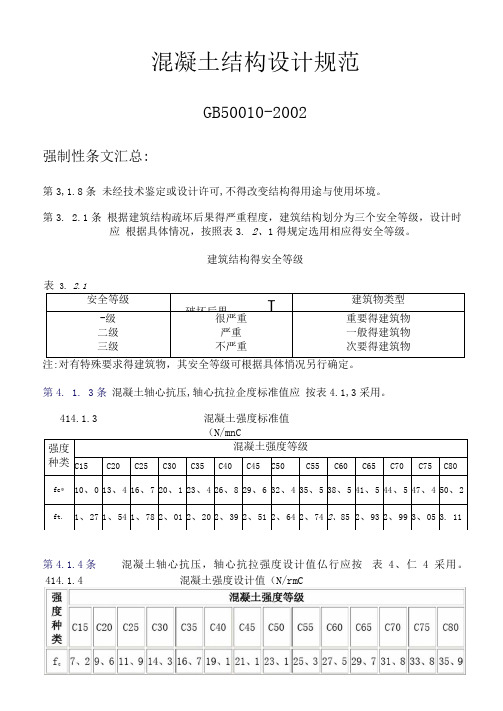 混凝土结构设计规范强制性条文汇总