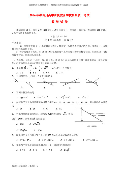 四川省凉山州2014年中考数学真题试题(含扫描答案)