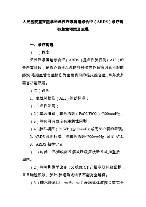 人民医院重症医学科急性呼吸窘迫综合征ARDS诊疗规范急救预案及流程
