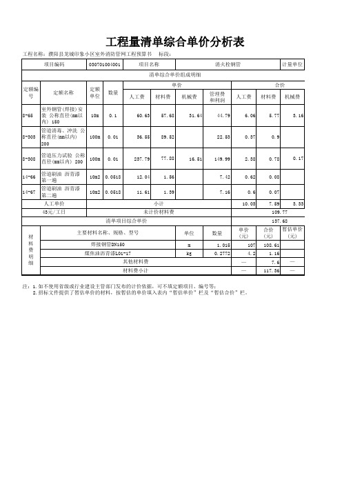 表-09 工程量清单综合单价分析表(出含量,出主材)(竖)