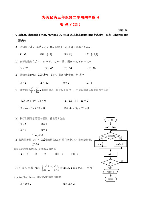 北京市海淀区高三数学下学期期中练习试题 文(海淀一模)北师大版