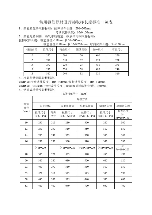 常用钢筋原材及焊接取样长度标准一览表