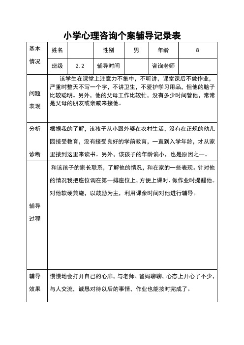 小学心理咨询个案辅导记录表