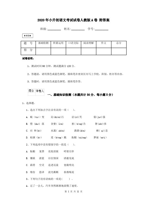 2020年小升初语文考试试卷人教版A卷 附答案