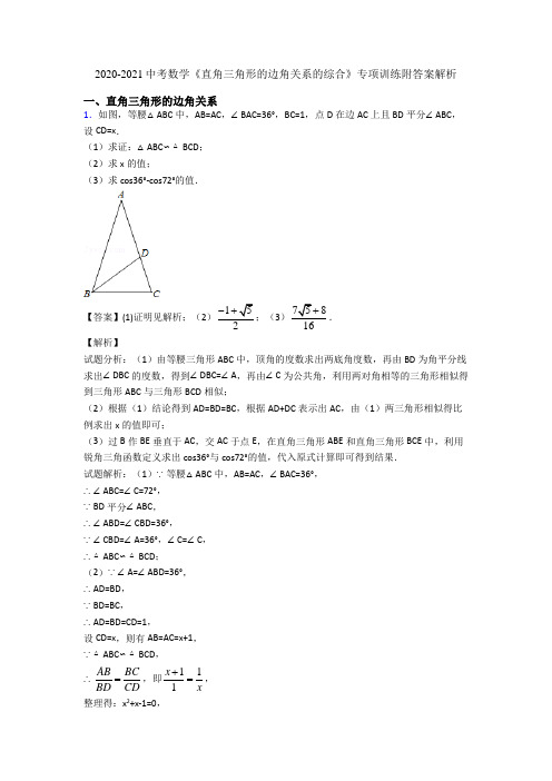 2020-2021中考数学《直角三角形的边角关系的综合》专项训练附答案解析