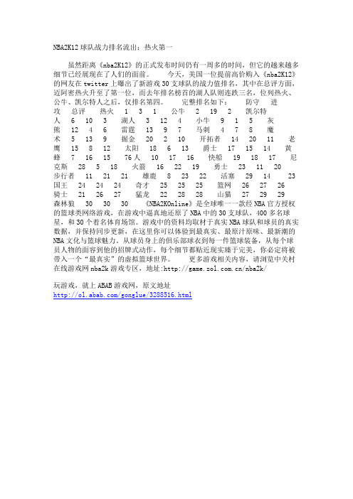 NBA2K12球队战力排名流出：热火第一