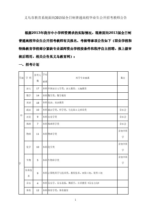 【VIP专享】【面向应届生】2013年义乌市教师招聘考试报名时间、考试时间、历年真题