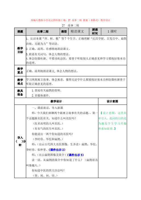 部编人教版小学语文四年级上册：27 故事二则 教案(表格式)教学设计