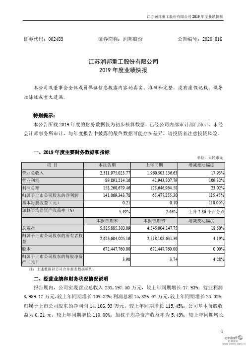 润邦股份：2019年度业绩快报
