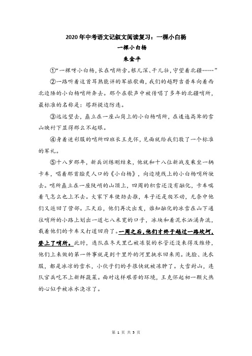 2020年中考语文记叙文阅读复习：一棵小白杨