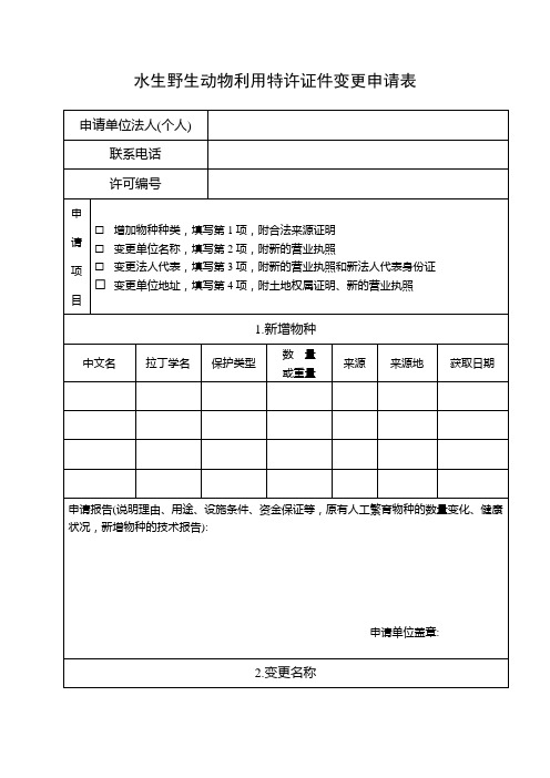安徽省水生野生动物利用特许证件变更申请表
