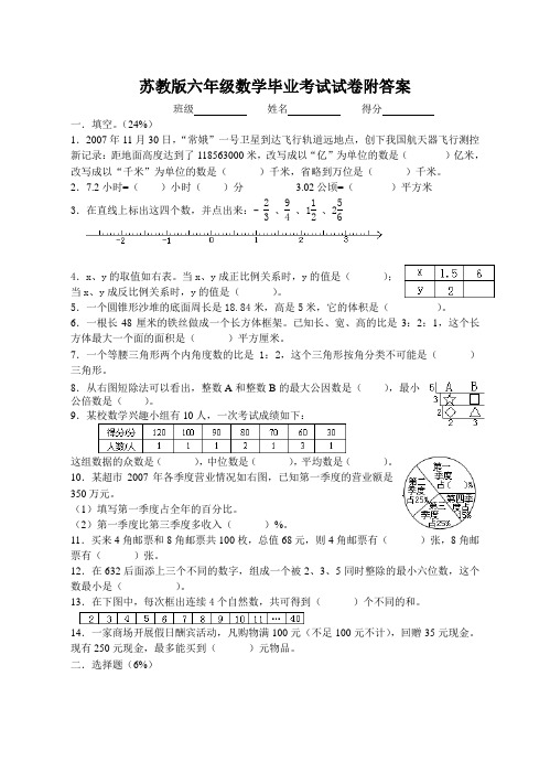 苏教版六年级数学毕业考试试卷附答案