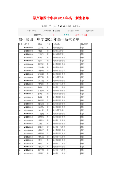 福州第四十中学2014年高一新生名单