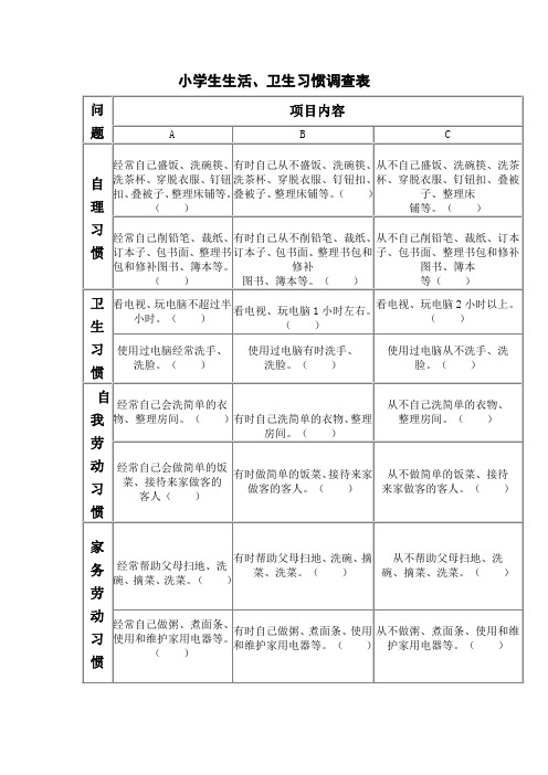 小学生生活习惯、卫生习惯调查表