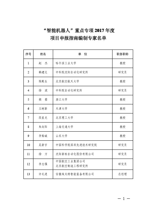 “智能机器人”重点专项2017年度项目申报-指南编制专家名单
