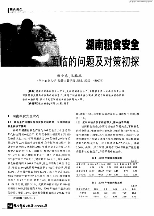 湖南粮食安全面临的问题及对策初探