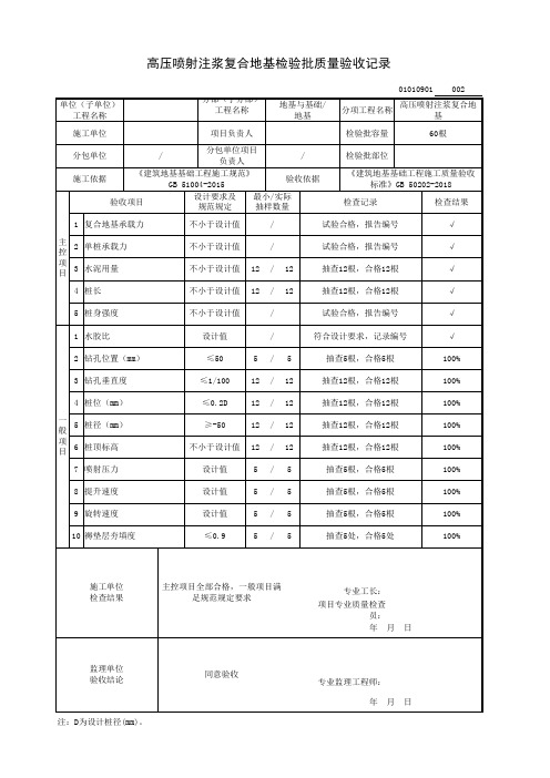 高压旋喷注浆复合地基检验批质量验收记录及报审表