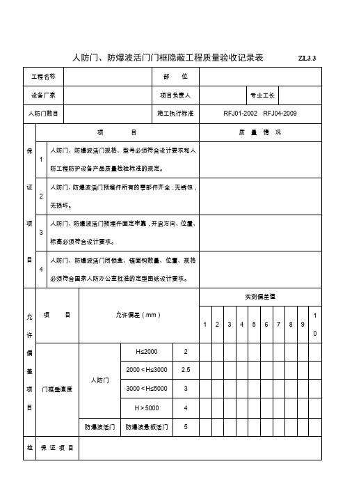 人防门、防爆波活门门框隐蔽工程质量验收记录表