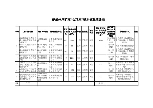 楚雄州尾矿库头顶库基本情况统计表