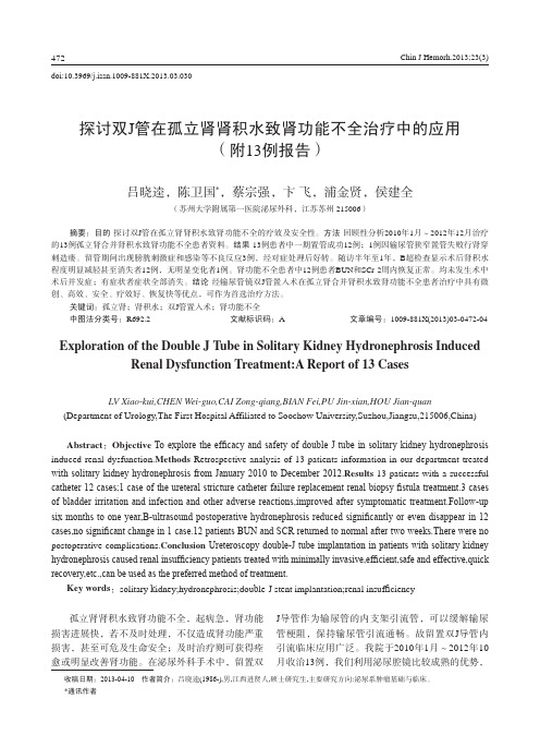 探讨双J管在孤立肾肾积水致肾功能不全治疗中的应用(附13例报告)