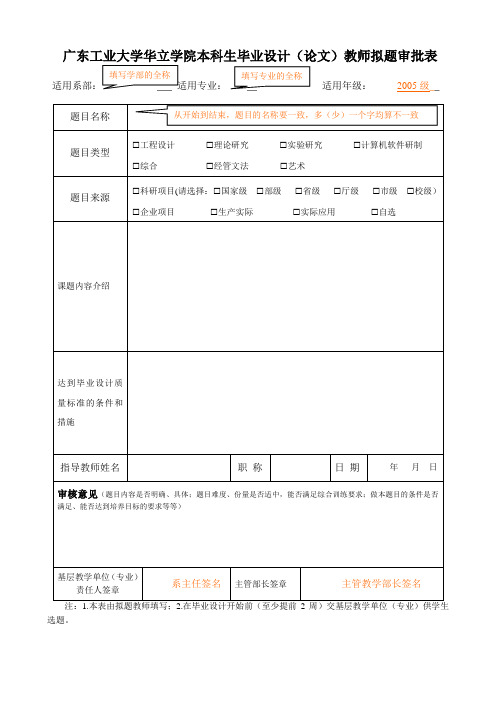 广东工业大学华立学院本科生毕业设计(论文)教师拟题审批表