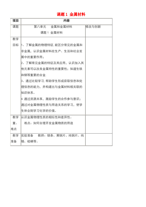 九年级化学下册第八单元金属和金属材料课题1金属材料教案新人教版(new)