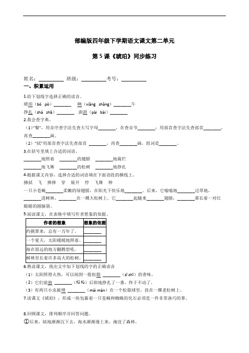 部编版语文四年级下册  5《琥珀》同步练习 (含答案)