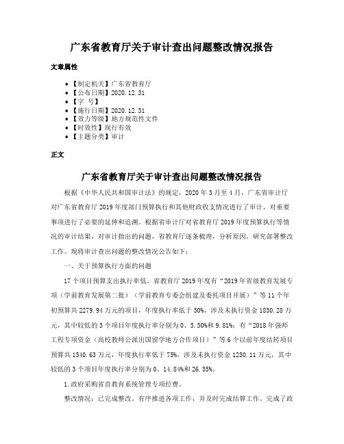 广东省教育厅关于审计查出问题整改情况报告