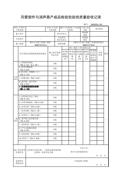 地下人防通风系统风管部件与消声器产成品检验批验收质量验收记录
