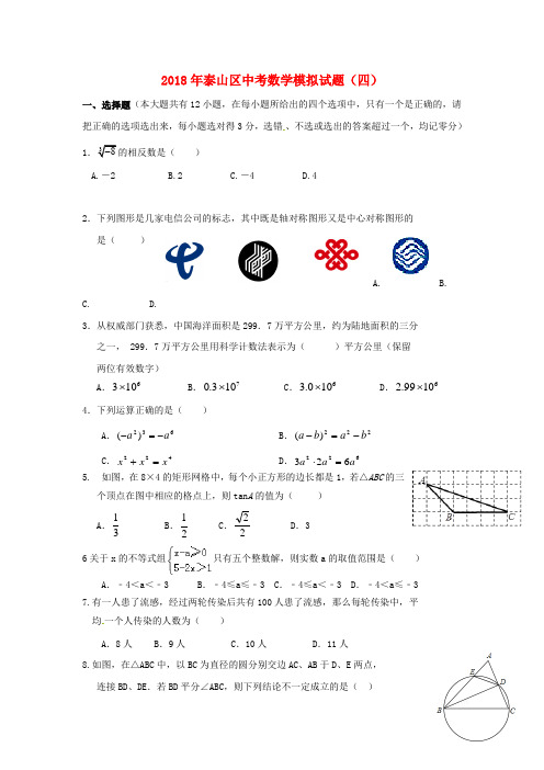 山东省泰安市泰山区中考数学模拟试题4