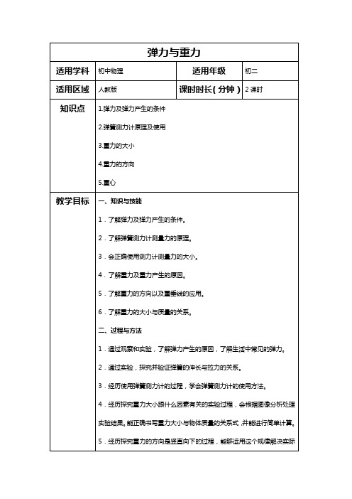 【人教版初二物理】 第七章重力与弹力_教案