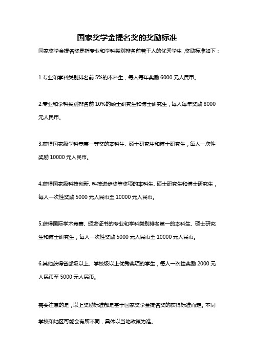 国家奖学金提名奖的奖励标准