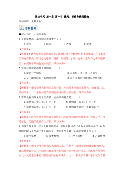 人教版七年级生物上册《藻类、苔藓、蕨类植物》大单元教学分层训练(解析版)