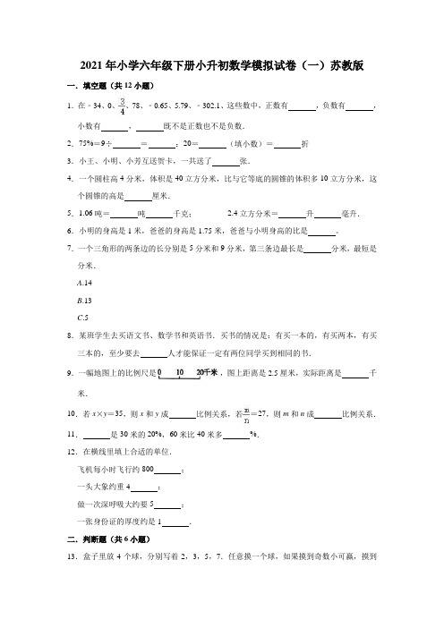 2021年小学六年级下册小升初数学模拟试卷(一)苏教版(有答案)