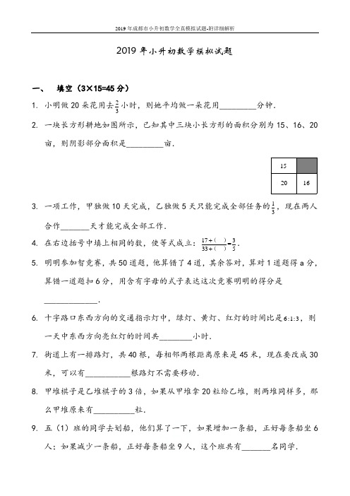 2019年成都市小升初数学全真模拟试题-附详细解析